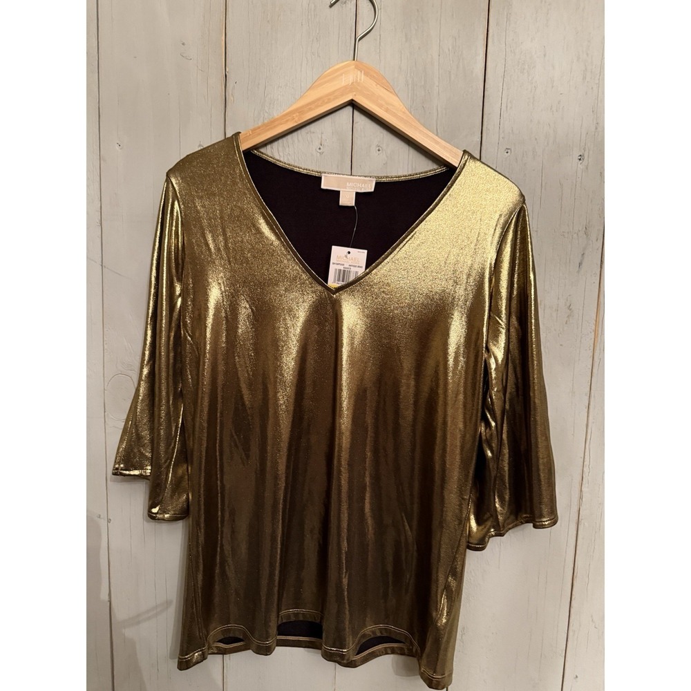 Michael Kors‎ Shirt Womens M Gold Metallic V Neck Ladder Sleeve Party Top NWT